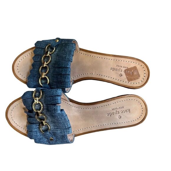 Kate Spade Kiltie Denim Leather Slide Sandals Gold Rings - Picture 3 of 10